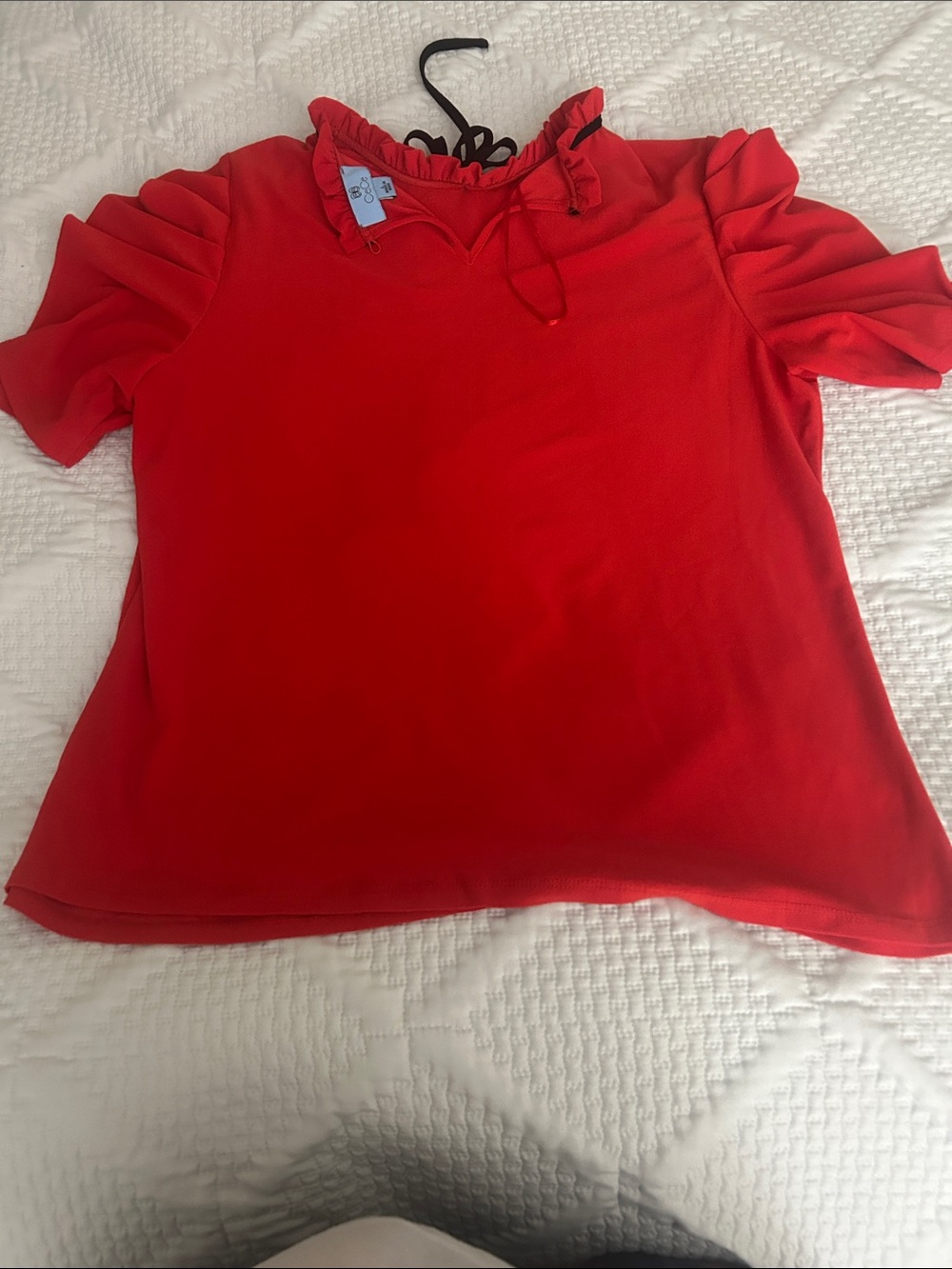 CeCe Red Ruffle Neck Short Sleeve Blouse